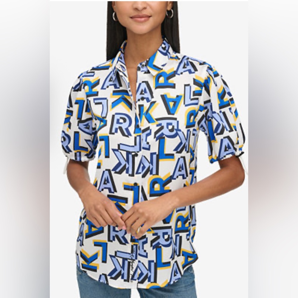 KARL LAGERFELD PARIS
Women's Signature-Print Bungee-Sleeve Blouse
